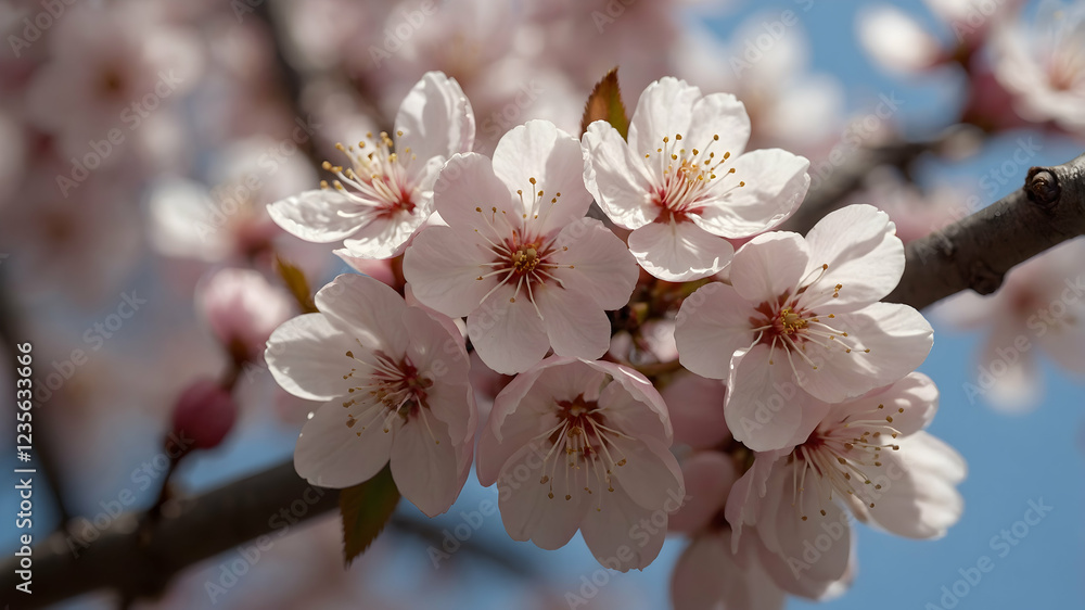 Beautiful Cherry Blossoms in Full Bloom Against a Soft Blue Sky in Spring Beautiful Cherry Blossoms in Full Bloom Against a Soft Blue Sky in Spring