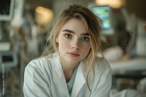 Wallpaper Mural A young woman, possibly a doctor or medical student, looks directly at the camera in a hospital setting. Torontodigital.ca