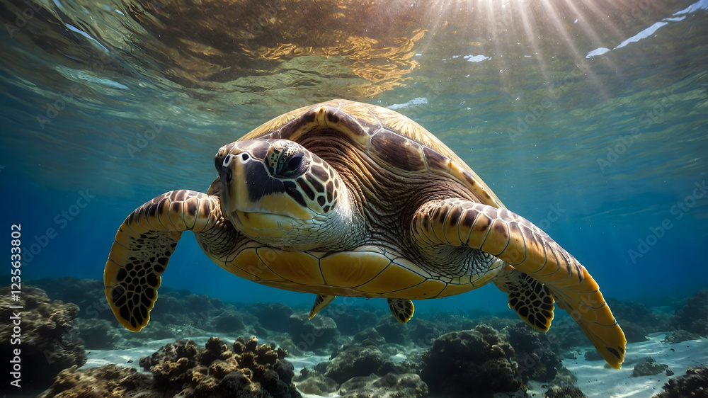 Obraz premium Close-Up of a Green Sea Turtle Gliding Above a Vibrant Coral Reef