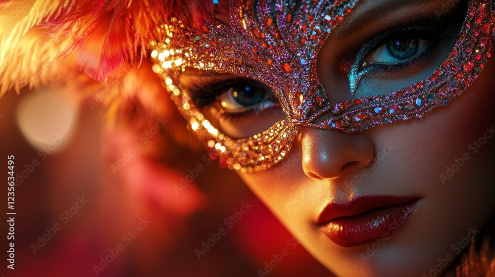 Captivating Close-Up of a Jeweled Masked Figure with Colorful Feathers Captivating Close-Up of a Jeweled Masked Figure with Colorful Feathers
