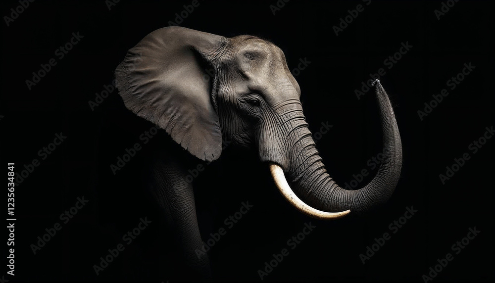 Naklejka premium A close up of an elephant with tusks, Black background