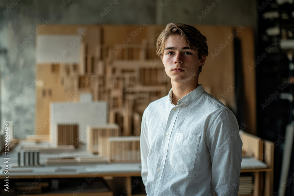 Fototapeta premium A young man in a white shirt stands in a workshop filled with architectural models.