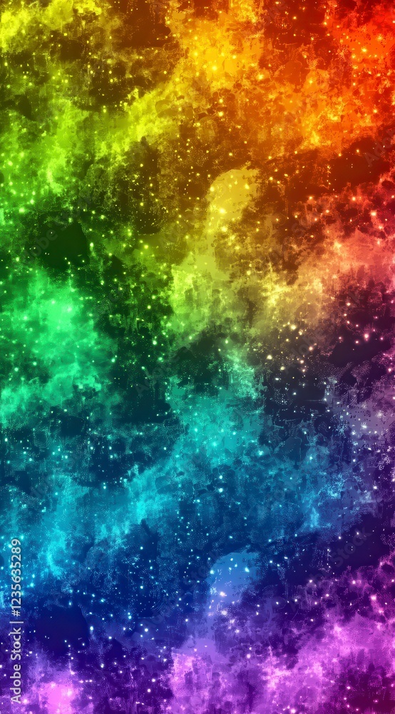 Fototapeta premium Vibrant rainbow nebula with glittering stars, cosmic swirls of color in dark space. Colorful abstract art representing a galaxy or celestial event