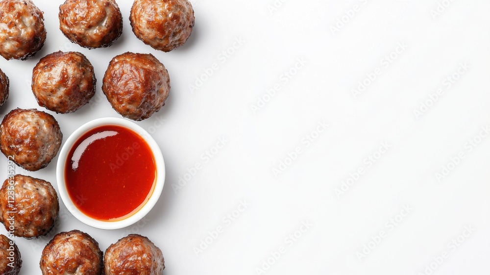 A delightful arrangement of meatballs served with a side of dipping sauce on a clean, white background. A delightful arrangement of meatballs served with a side of dipping sauce on a clean, white background.