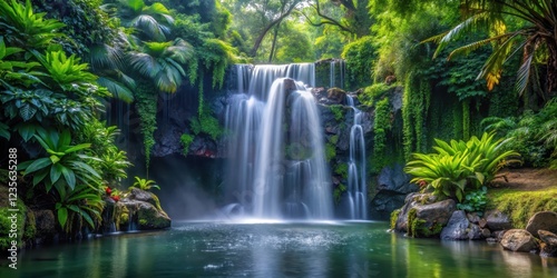 Misty waterfall in a serene pool of water on a dark granite background with lush greenery and tropical plants surrounding it, isolation, calmness