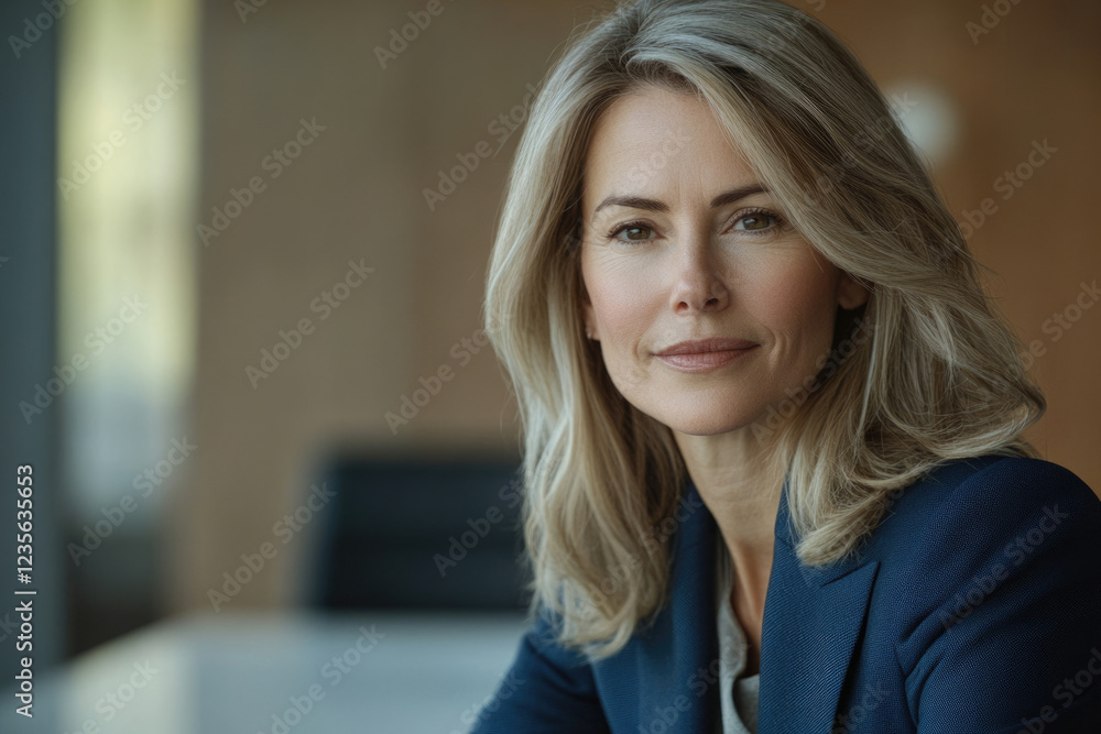 Confident mature woman with blonde hair in a navy blue blazer, portrait. Confident mature woman with blonde hair in a navy blue blazer, portrait.