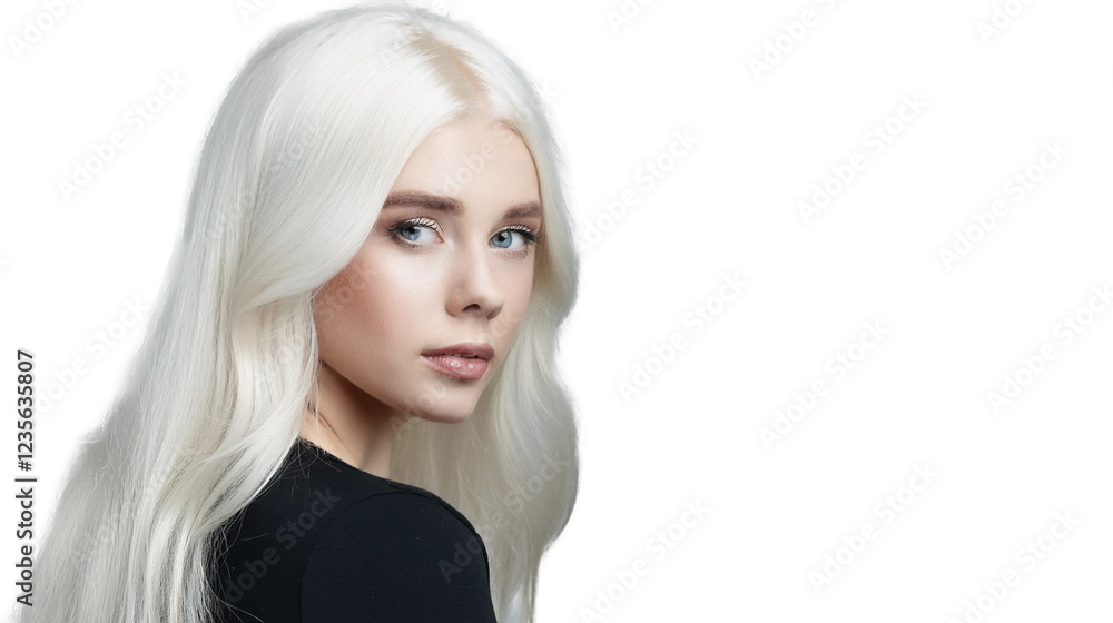 beautiful attractive woman. model. white hair. amazing black dress, long white hair and beautiful eyes. transparent background. png beautiful attractive woman. model. white hair. amazing black dress, long white hair and beautiful eyes. transparent background. png