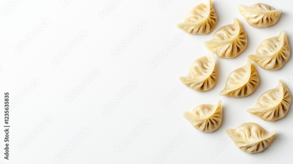 Fototapeta premium A close-up of neatly arranged dumplings on a white background, showcasing their intricate folds and shapes.