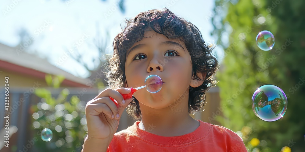 A Hispanic child blowing bubbles in a backyard on a sunny afternoon. A Hispanic child blowing bubbles in a backyard on a sunny afternoon.
