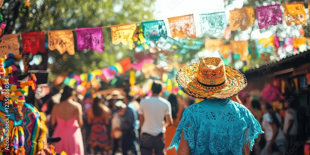 Fototapeta premium A Hispanic community gathering for a cultural festival with vibrant decorations and music.