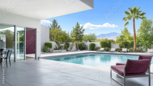 Modern outdoor space featuring a swimming pool and scenic mountain view in bright daylight