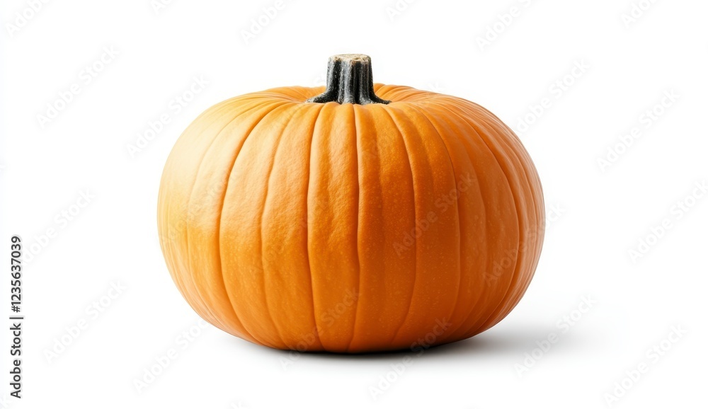Obraz premium Single ripe orange pumpkin isolated on white background. Smooth skin, visible vertical ridges. Dark green stem at top. Studio lighting creates subtle