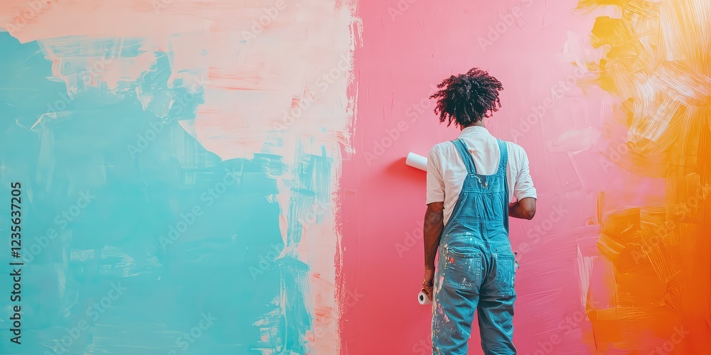 Fototapeta premium A painter in overalls using a roller to paint a wall in a vibrant room.
