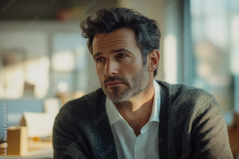 A thoughtful middle-aged man with dark hair and beard, wearing a cardigan and shirt, looks pensively away. A thoughtful middle-aged man with dark hair and beard, wearing a cardigan and shirt, looks pensively away.