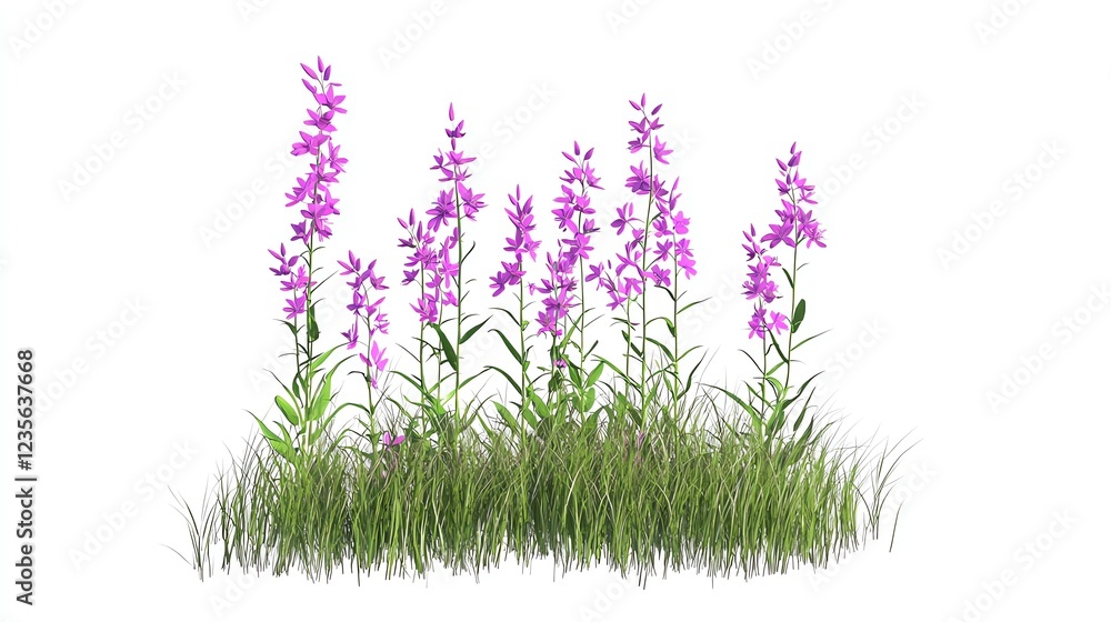 Naklejka premium A cluster of vibrant purple flowers surrounded by lush green grass, showcasing natural beauty and elegance, perfect for botanical themes or floral designs.