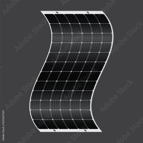 Flexible Solar Panel Illustration on Dark Background - Innovative Renewable Energy Solution for Curved Surfaces and Versatile Applications, Lightweight and Adaptable.