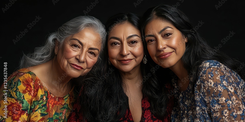 A portrait of three generations of Hispanic women, showcasing family bonds and love. A portrait of three generations of Hispanic women, showcasing family bonds and love.