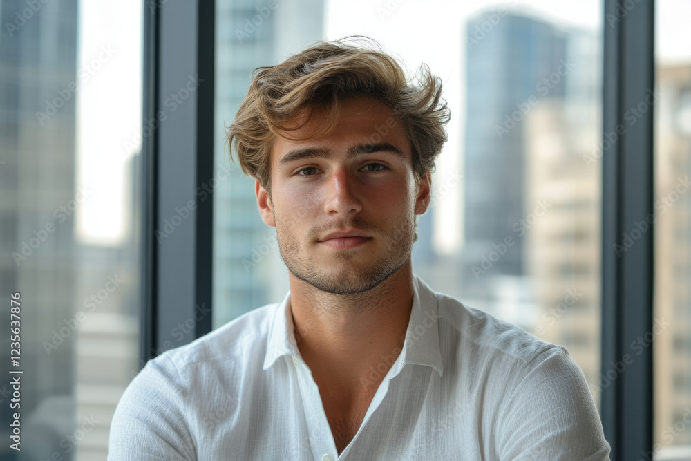 Young man with wavy blonde hair, wearing a white shirt, poses calmly against a city backdrop. Young man with wavy blonde hair, wearing a white shirt, poses calmly against a city backdrop.