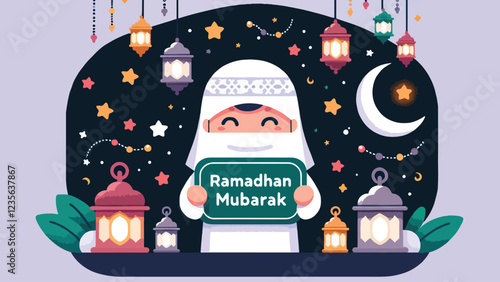 Ramadhan Mubarak Greeting, A character wearing traditional attire (e.g., a hijab and a kufi cap) holding a 'Ramadhan Mubarak' banner, surrounded by crescent moons, stars, and colorful lanterns