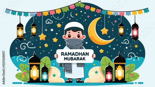 Ramadhan Mubarak Greeting, A character wearing traditional attire (e.g., a hijab and a kufi cap) holding a 'Ramadhan Mubarak' banner, surrounded by crescent moons, stars, and colorful lanterns