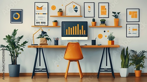 flat design, illustration, The Startup Dream A young entrepreneur builds a tech company from scratch. Illustration: Minimalist office setup, charts showing growth, diverse team members photo