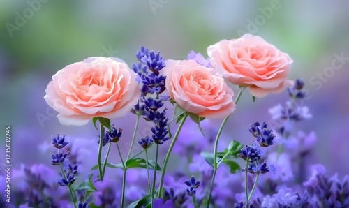 Fototapeta Naklejka Na Ścianę i Meble -  Peach roses and lavender in a garden, summer bloom, nature background, greeting card