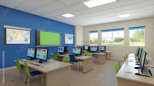 Modern school computer lab, bright classroom, learning technology, leafy view