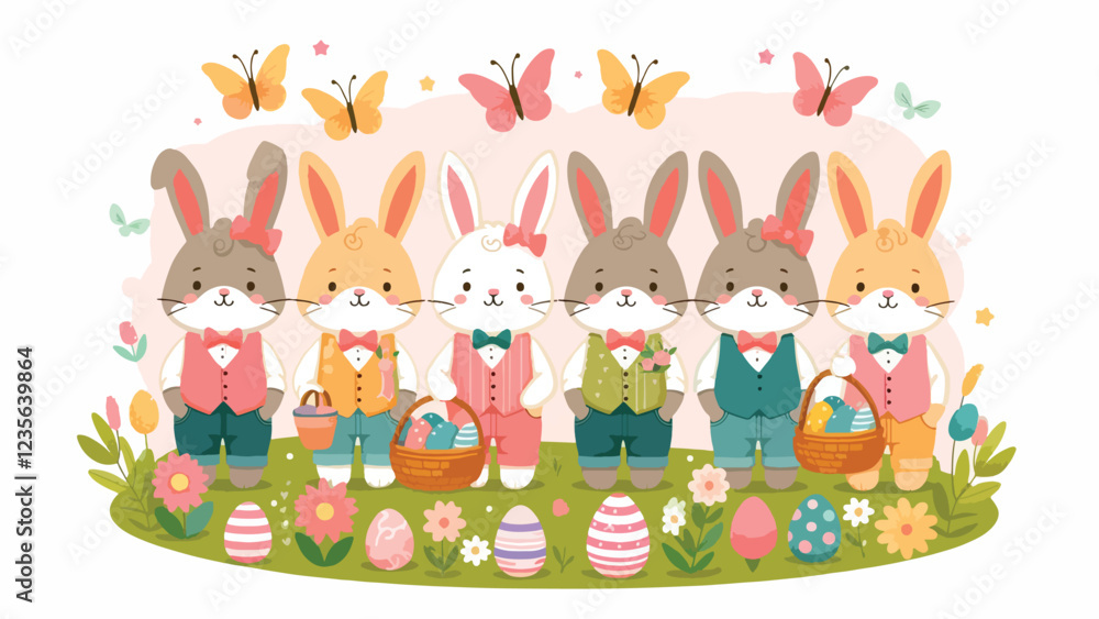 Obraz premium Easter Bunny Crew, A group of cheerful Easter bunnies wearing colorful vests and bow ties, holding baskets filled with painted eggs. They are surrounded by flowers, butterflies 