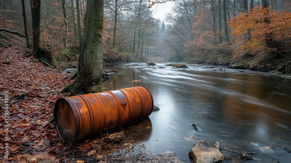 Rusty Barrel Near Tranquil Stream in Autumn Woodland Landscape Rusty Barrel Near Tranquil Stream in Autumn Woodland Landscape