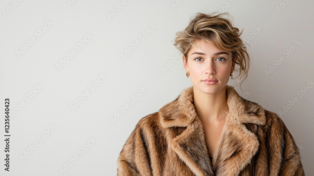 Portrait of a Young Woman in a Brown Fur Coat Against a White Background Portrait of a Young Woman in a Brown Fur Coat Against a White Background