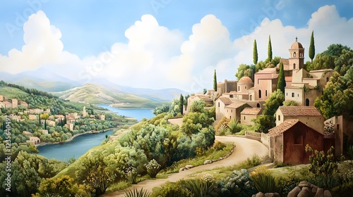 Wallpaper Mural Idyllic Tuscan Village Landscape Painting  Torontodigital.ca