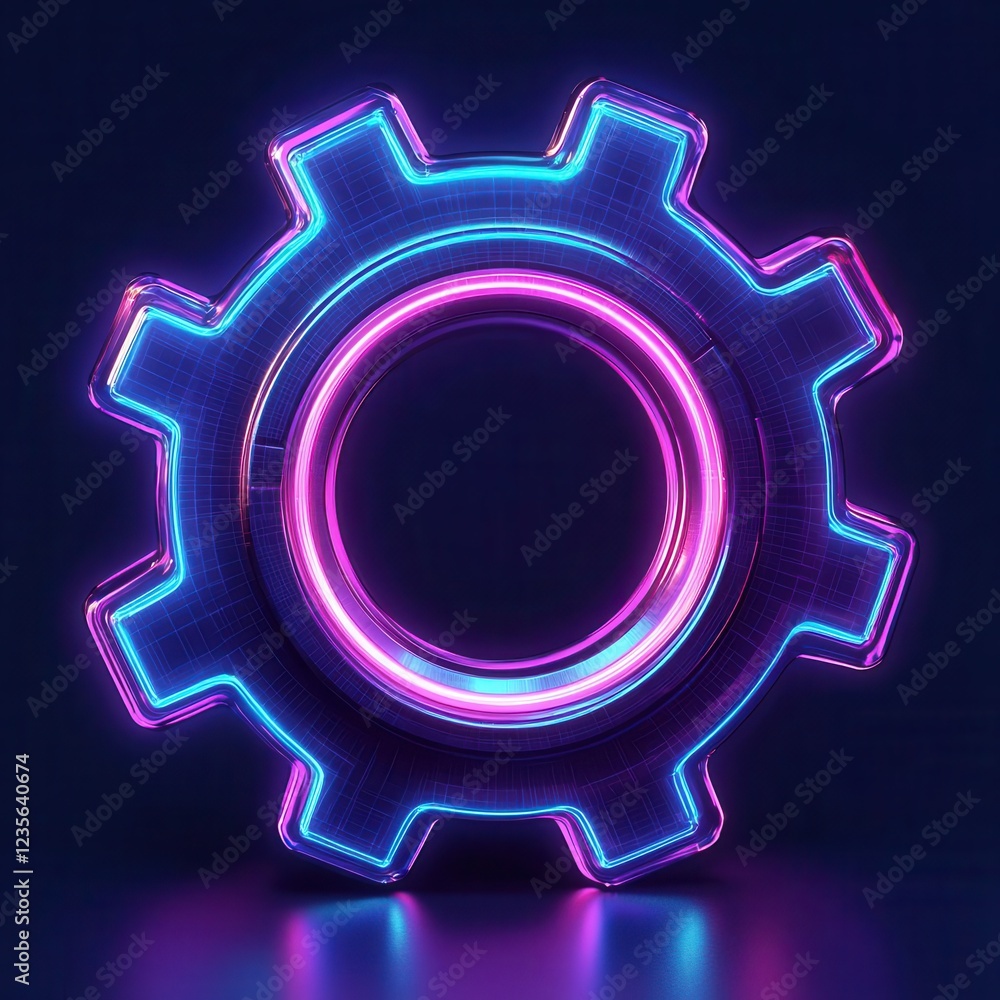 Neon glowing gear icon on a dark background. Neon glowing gear icon on a dark background.