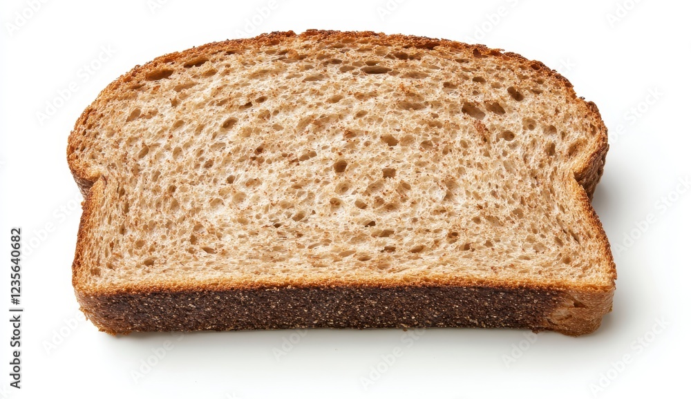 Single slice of brown bread with visible texture and slight crust, set against a clean white background. The bread appears freshly baked and shows a Single slice of brown bread with visible texture and slight crust, set against a clean white background. The bread appears freshly baked and shows a