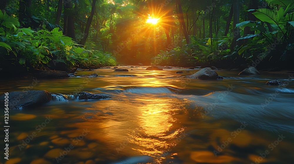 Sunset stream flows through lush jungle; tranquility