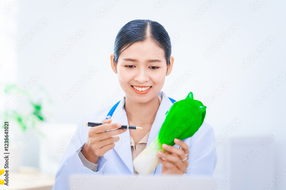 Female Asian nutritionist in lab coat working at desk, offering online consultations with happy smile. dietary nutrients, metabolism, hydration, weight management, meal planning for balanced health. Female Asian nutritionist in lab coat working at desk, offering online consultations with happy smile. dietary nutrients, metabolism, hydration, weight management, meal planning for balanced health.