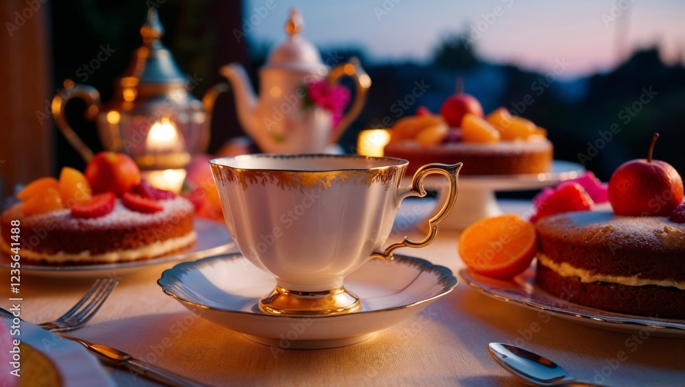 Fototapeta premium Elegant tea cup and delicious desserts on a beautifully set table at dusk