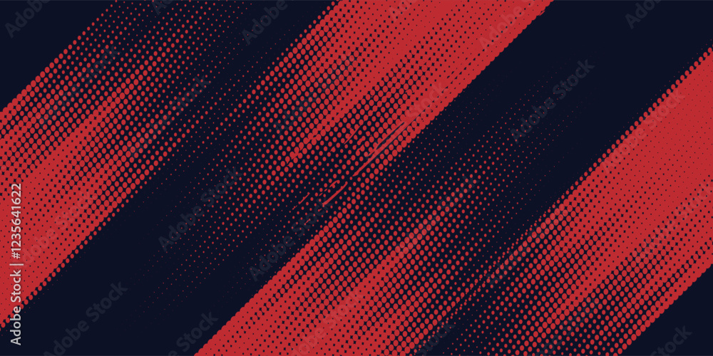 Fototapeta premium Red halftone dots blue color pattern gradient grunge texture background. Dot pop art comic sport style arts modern vector