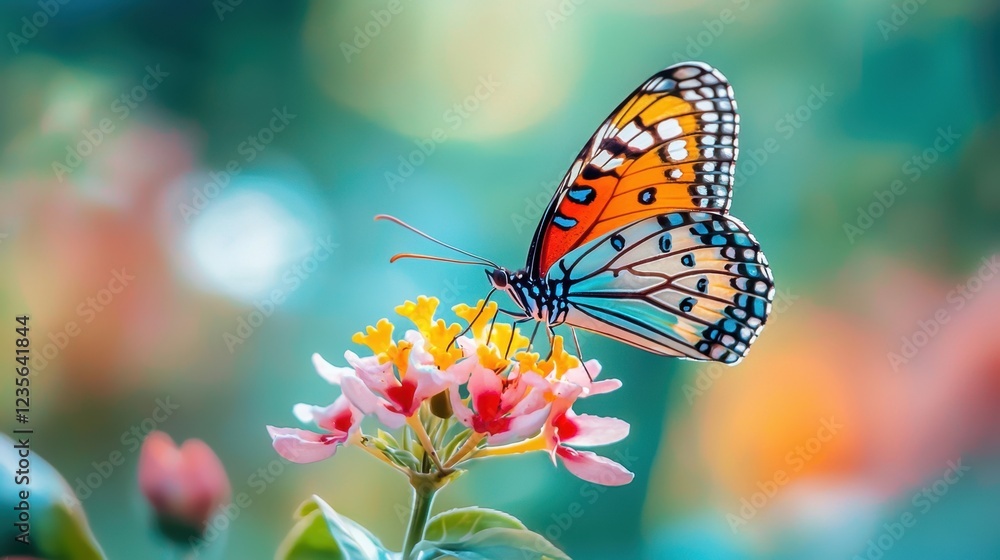 Obraz premium Colorful Butterfly Feeding on Bright Flower in Vibrant Garden Scene