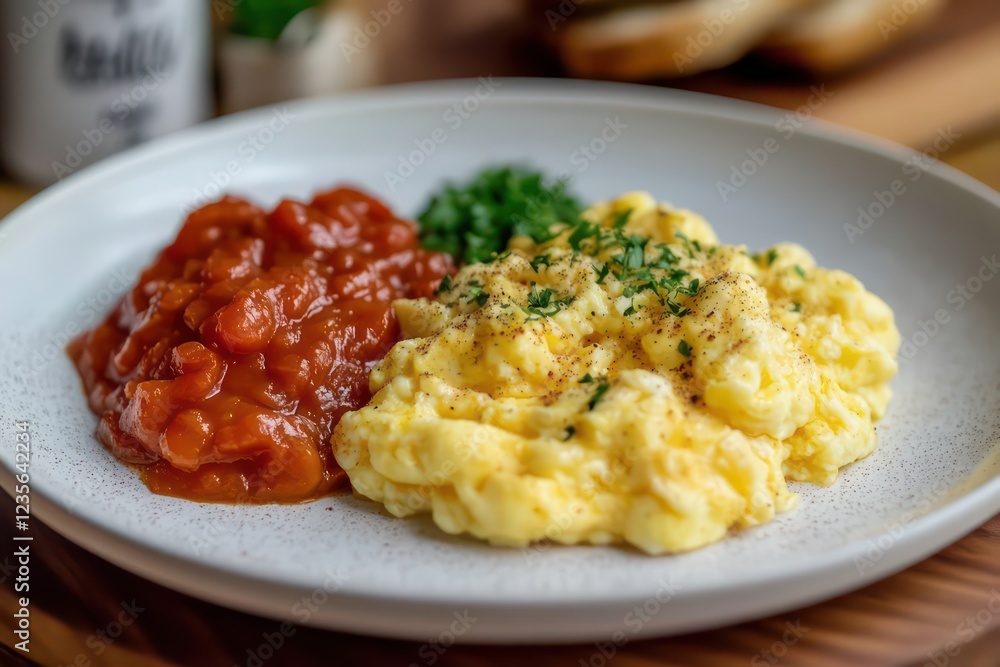 plated English breakfast with scrambled eggs and rich tomato sauce, served on a white ceramic dish with rustic brown mat placement. plated English breakfast with scrambled eggs and rich tomato sauce, served on a white ceramic dish with rustic brown mat placement.