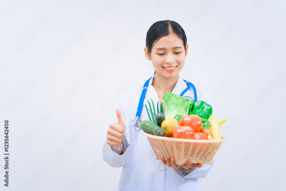 A young Asian woman nutritionist in a white lab coat, holding fruit and vegetable basket, smiling happily against white background. dietary nutrients, metabolism, and promoting health. A young Asian woman nutritionist in a white lab coat, holding fruit and vegetable basket, smiling happily against white background. dietary nutrients, metabolism, and promoting health.