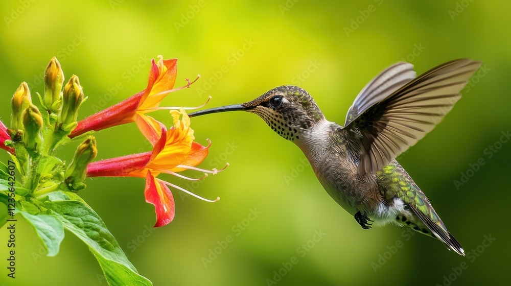 Naklejka premium Hummingbird in Flight Drinking Nectar from Vibrant Flower Blossom