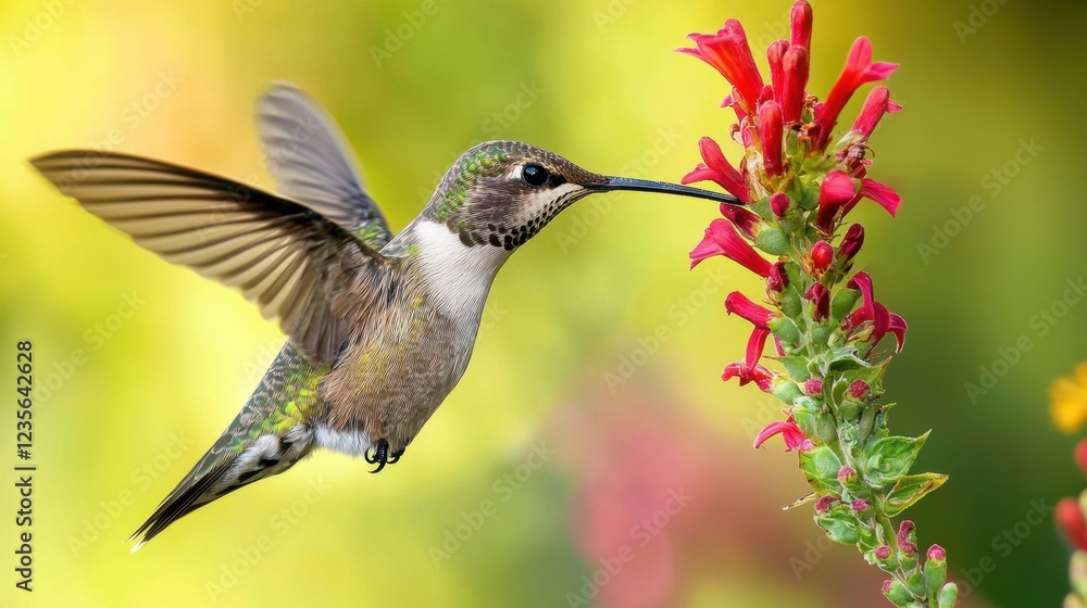Naklejka premium Hummingbird Feeding on Vibrant Flowers in Soft Focus Background