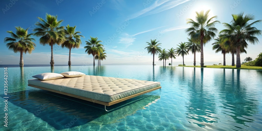 Fototapeta premium Serene Floating Bed in a Luxurious Infinity Pool Surrounded by Lush Palm Trees Under a Sunny Sky