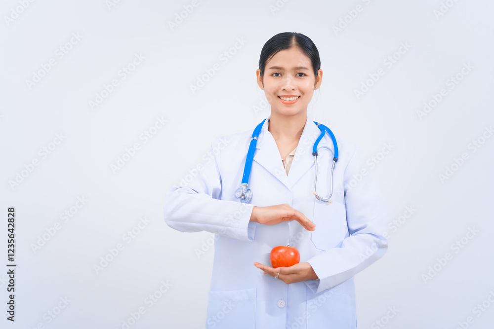 A young Asian nutritionist in a white lab coat, smiling happily and holding a red apple. Isolated on a white background, she advocates for balanced diets, antioxidants, and preventative nutrition. A young Asian nutritionist in a white lab coat, smiling happily and holding a red apple. Isolated on a white background, she advocates for balanced diets, antioxidants, and preventative nutrition.
