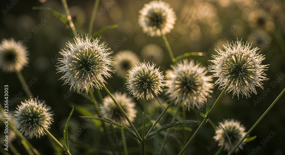 Sunlit Thistle Field Botanical Background with Golden Light Sunlit Thistle Field Botanical Background with Golden Light