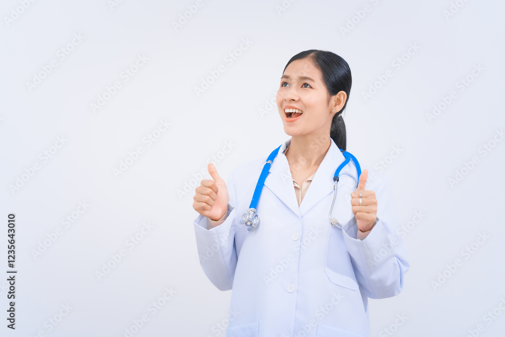 A young Asian female nutritionist and doctor, smiling happily while wearing a stethoscope and a white lab coat. Isolated on a white background, nutrition, and personalized health management. A young Asian female nutritionist and doctor, smiling happily while wearing a stethoscope and a white lab coat. Isolated on a white background, nutrition, and personalized health management.