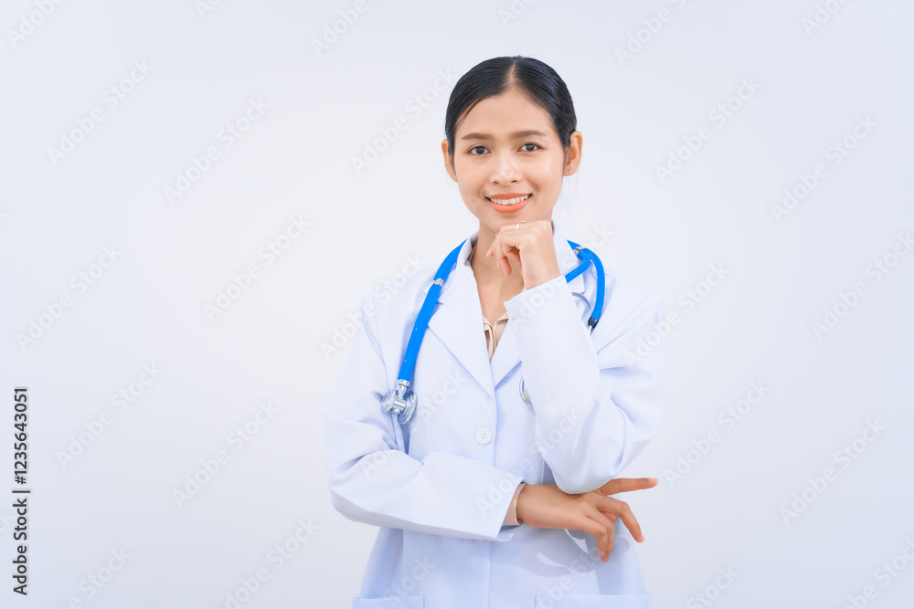 A young Asian female nutritionist and doctor, smiling happily while wearing a stethoscope and a white lab coat. Isolated on a white background, nutrition, and personalized health management. A young Asian female nutritionist and doctor, smiling happily while wearing a stethoscope and a white lab coat. Isolated on a white background, nutrition, and personalized health management.