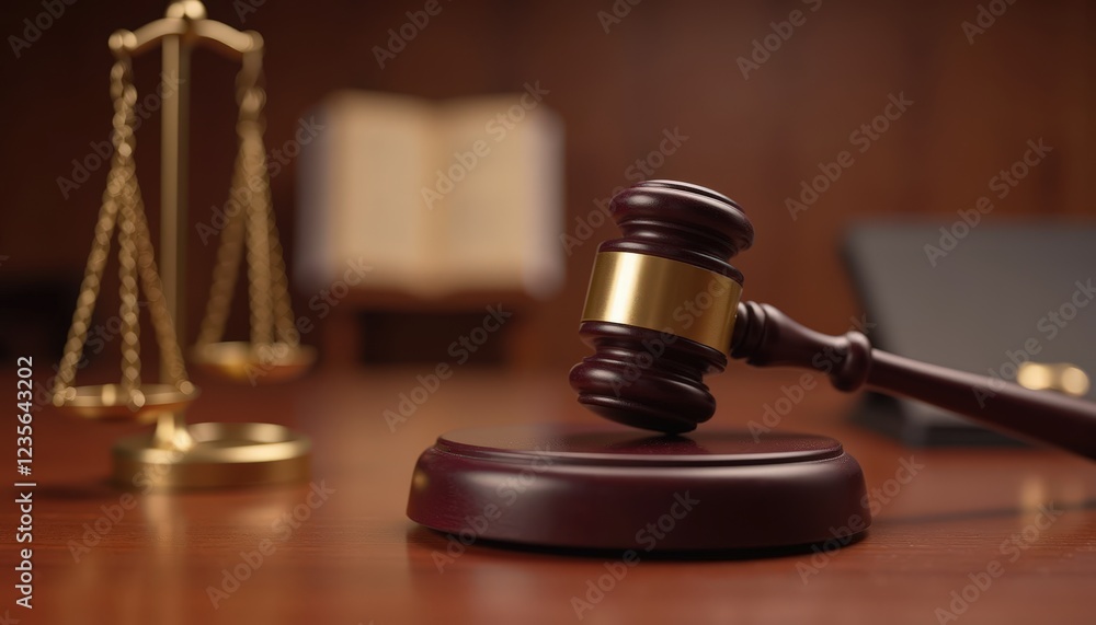 Gavel and Scales of Justice on a Wooden Desk in Courtroom Setting Gavel and Scales of Justice on a Wooden Desk in Courtroom Setting