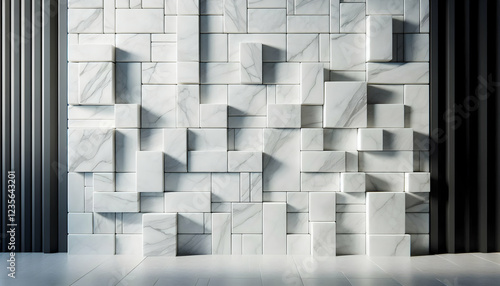 Background texture A sleek stone wall made from uniformly cut, polished white marble bricks, arranged in a grid-like pa4 photo