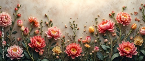 Pink Flowers Painting on Beige Background with Botanical Theme